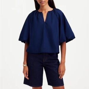 Madewell Bubble-Sleeve Top in Poplin in navy blue